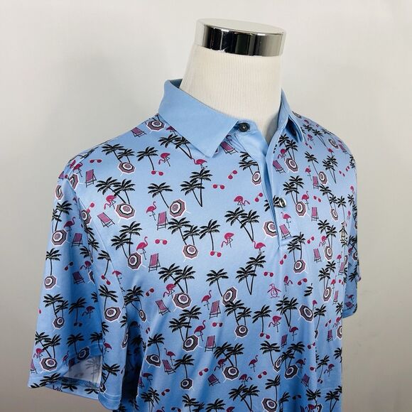 Original Penguin Large Hawaiian Polo Shirt Flamingos Sunglasses Palms Blue Pink - Picture 1 of 4
